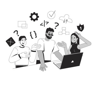 Grup çizgisi illüstrasyonunda kodlamayı öğreniyorum. Bilişim okulu kursu. Ortak geliştirme. Çeşitli programlama ekibi 2D karakterleri izole etti. Mürekkep doğrusal metafor vektör sanatı