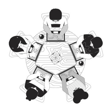 Hackathon programlama grubu üst görünüm çizelgesi çizimi. Bilişim okulu. Kodlama dersi. Masa 2D çizgi karakterlerinin etrafındaki çeşitli dizüstü bilgisayarlar beyaza izole edilmiş. Tek renkli vektör mürekkep çizgisel resmi
