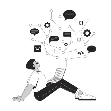 Programlama çizgisi illüstrasyonunun keyfi. Bilişim okulu kursu. Kodlama eğitimi. Dev elearning. 2 boyutlu dizüstü bilgisayarla oturan müteahhit öğrenci izole edildi. Mürekkep doğrusal metafor vektör sanatı