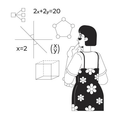 Çizgi çizimi konsepti için matematik öğreniyorum. BTMM kodlama anahatlarında denklemler üzerinde çalışan Asyalı matematik öğrencisi 2D karakter izole edildi. Mürekkep doğrusal metafor vektör sanatı