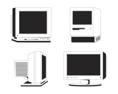 Antika bilgisayarlar ve CRT monitörleri 2D hat nesneleri seti. Eski teknoloji. Modası geçmiş cihazlar. 80 'lerin teknoloji nostaljisi izole edilmiş klitoris vektör mürekkebi ana hatları. Tek renkli nokta illüstrasyonları koleksiyonu