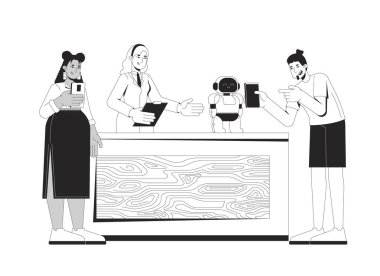 Diverse gen z attendees taking photos of robot at science expo booth 2D line characters. STEM woman presenting robotics on event isolated vector ink outline people. Monochromatic spot illustration