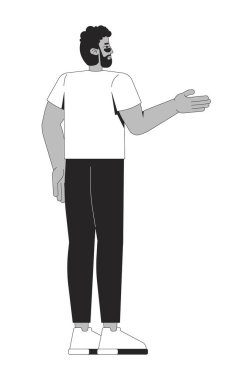 Tişörtlü sakallı siyah adam 2D çizgi karakteri ile yüzleşirken el kol hareketi yapıyor. Güneş gözlüklü Afrikalı Amerikalı modern adam izole edilmiş vektör mürekkep hatlı kişiyi işaret ediyor. Monokromatik nokta çizimi