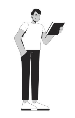 Beyaz tişörtlü genç Hintli adam 2D çizgi karakteri tutuyor. Güney Asyalı erkek okuyucu rahat bir duruşta ve hoş bir ifadeyle izole edilmiş vektör mürekkep çizgisi kişisi. Monokromatik nokta çizimi