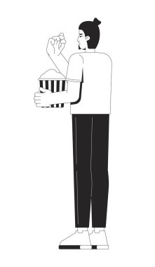 Beyaz topuz adam ayakta duruyor ve patlamış mısır yiyor. Düz duruş Avrupalı erkek çizgili kova izole edilmiş vektör mürekkep karakterinden atıştırmalık yiyor. Monokromatik nokta çizimi