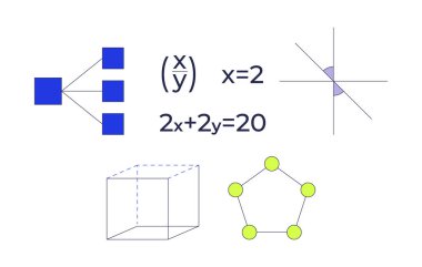 Eğitici matematik denklemleri ve geometrik şekiller 2D çizgi film nesneleri. Matematiksel cebir, BTMM eğitim notasyonu beyaz üzerine düz vektör klip sanatını izole etti. Benek illüstrasyon koleksiyonu