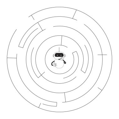 Yapay Zeka 'yı problem çözme çizelgesi çizimi konseptiyle eğitmek. Deneme yanılma. LLM optimizasyonu. Robot, mantık labirentinde sıkışmış durumda. 2D kompozisyonu izole edilmiş. Mürekkep doğrusal metafor vektör sanatı