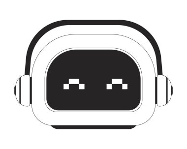 Kulaklıklı müzik dinleyen robot 2D çizgi karakteri. Eğlence ve Yapay Zeka eğlencesi. Teknoloji maskotu. Robot teknolojisi, vektör mürekkebini izole etti. Monokromatik nokta çizimi