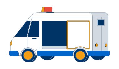 Zırhlı banka aracı 2D çizgi film nesnesini emniyete alın. Nakit para nakil kamyonunda. Değerli nakil araçları. Güvenlik aracı beyaz üzerine düz vektör klipsleme sanatını izole etti. Benek illüstrasyonu