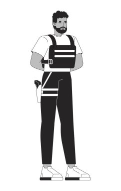 Kurşun geçirmez yelek giyen ve 2 boyutlu tabanca taşıyan ciddi bir siyah güvenlik görevlisi. Uyanık Afro-Amerikan banka memuru vektör mürekkep karakterini izole etti. Monokromatik nokta çizimi