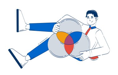 Veri analisti, Venn diyagramı çizim çizimi konseptini sunuyor. Veri görselleştirme. Grafiğe yakından bakın. Analitik düşünme çizgi filmi 2D karakteri beyaza izole edildi. El çizimi vektör benzetmesi