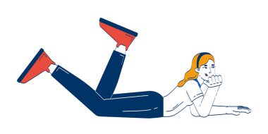 Sıradan sarışın bir kadın karın üstü yatıp 2D karalama yapmayı düşünüyor. Düşünceli iş kadını, beyaz üzerine izole edilmiş karikatür insan vektörü çiziyor. El çizimi illüstrasyon renkli