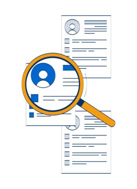 Aday araması, büyüteçle 2D karalama nesnesine devam ediyor. İşe alım zili. Yetenek edinme çizgi film elemanı düz vektör klipsi beyaz arkaplanda izole edildi. El çizimi illüstrasyon