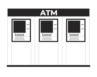 Kamu bankacılığı 2D hattı objesi için sıra sıra ATM makineleri. Otomatik veznedar cihazları geri çekiliyor. Finansal öz hizmet nakit noktaları izole edilmiş Clipart vektör mürekkep ana hatları ögesi. Tek renkli nokta illüstrasyonu