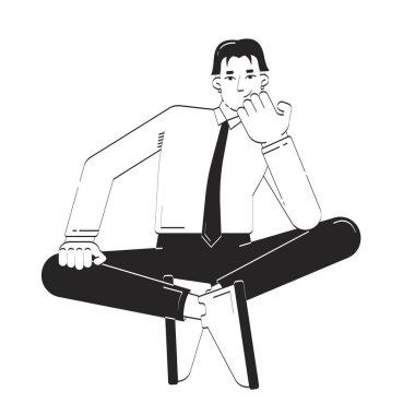 Düşünceli Asyalı çalışan, çizgisel çizgi karakterle bağdaş kurarak oturuyor. Düşünceli Çinli işadamı 2D vektör hatlarını ayırmış. El çizimi illüstrasyon monokrom