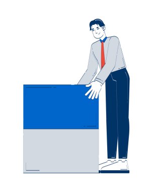 Çinli analist veri bloğu 2D karalama karakterinin yanında duruyor. Asyalı erkek ofis çalışanı veri tabanı karikatür kişi vektörü beyaza izole edilmiş. El çizimi illüstrasyon renkli