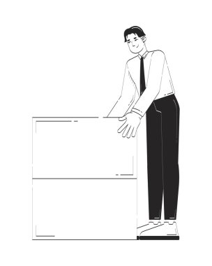 Çinli analist veri bloğu çizgisel karakterin yanında duruyor. Asyalı erkek ofis profesyonel binası veri tabanı 2D vektör taslağı izole kişi. El çizimi illüstrasyon monokrom