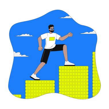 Resimlerde çok fazla 2D tasarruf var. Siyahi adam başarıya ulaşmak için bozuk para yığınlarına tırmanıyor. Kapitalist, beyaza izole edilmiş çizgi film kavramını özgüvenle öne çıkarıyor. Düz soyut vektör benzetmesi