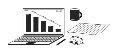 Düşen grafiği ve ofis malzemeleri olan dizüstü bilgisayar çizimsel nesneler ayarlandı. Aşağı doğru çizelge, kupa 2D vektör taslağı beyaz üzerine izole edilmiş klip sanatı çizimleri. El çizimi çizimi çizimleri koleksiyonu
