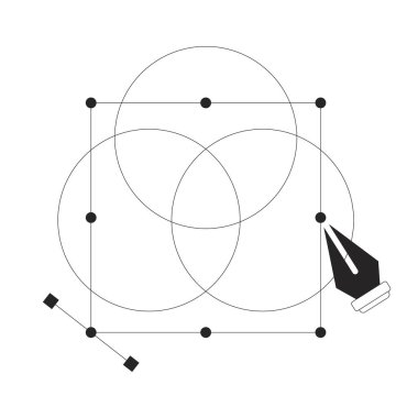 RGB 'nin grafik tasarım süreci Ui illüstrasyonunda. Vektör düğümleri ve bezier eğrileri ile üst üste binen daireler, kalem aracı ana hatları 2D kavramı izole edildi. Mürekkep doğrusal metafor vektör sanatı