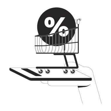 Ui Illustrasyon 'da online satış hattı. Akıllı telefondan dijital indirimli alışveriş arabası. Ticari tramvay, yüzde işareti olan mobil anahat 2D konsept izole edildi. Mürekkep doğrusal metafor vektör sanatı