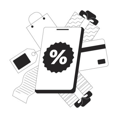 Mobil alışveriş ve indirimli pazarlama hattı. Akıllı telefon yüzdesi, nakit para, makbuz, ekommerce hediyeleri 2D konsept izole edilmiş. Mürekkep doğrusal metafor vektör sanatı
