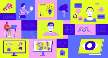 Göz takibi dijital yenilik bento ızgara illüstrasyon seti. Sinirsel haritalama, yüz taraması, el tanıma 2D vektör resim kolaj tasarımı koleksiyonu. Çeşitli düz karakterler moodboard düzeni