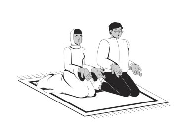 Müslüman çift birlikte dua ediyor. Karı koca İslami salah. Arap adam, tesettürlü kadın secdeye kapanmış beyaz tenli 2D çizgi karakterler. Tek renkli vektör mürekkep çizgisel resmi