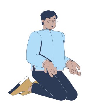 Gözlüklü Arap adam 2D çizgi film karakteri duasında meditasyon yapıyor. Orta Doğulu erkek inançlı, gözleri kapalı ve avuçları açık, düz, bembeyaz bir insan. Benek illüstrasyonu renkli