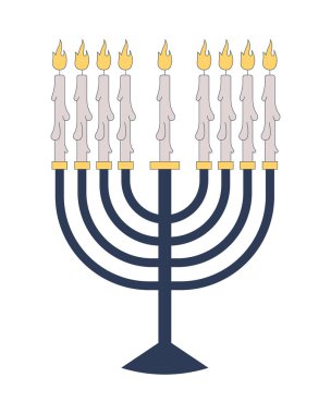Mum yakan Menorah 2D çizgi film nesnesi. Yahudi kültürü. Dini Hanuka kutlaması ışıklandırması. Geleneksel dekorasyon, beyaz üzerine izole element düz vektör klipsleme sanatı. Benek illüstrasyonu