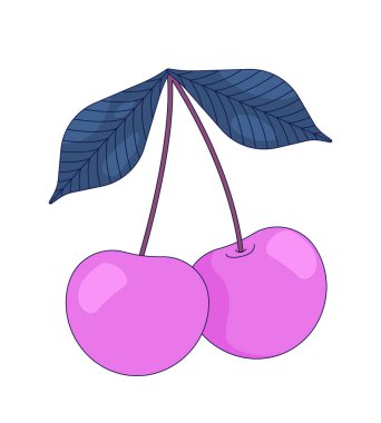 Yapraklı ve saplı iki kiraz 2D çizgi film nesnesi. Taze meyve, yaz ürünleri. Tatlı meyveler. Doğal çerez. Olgun kiraz kümesi izole element düz vektör klipsleme sanatı beyaz üzerine. Benek illüstrasyonu