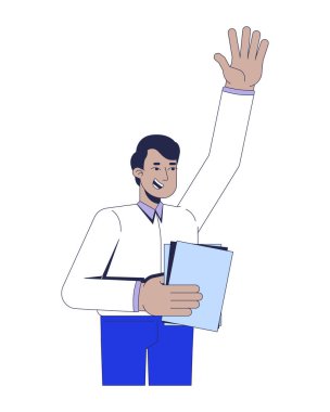 2D vektör illüstrasyonunda inisiyatif yumuşak beceri. Proaktif ofis çalışanı Hintli adam el kaldırıyor. Kurumsal gönüllü düz karakter beyaz arka planda izole edildi. Renkli çizgi film resmi