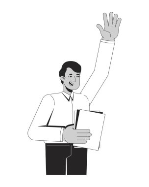 İş yerinin ana hatlarını çizmede inisiyatifli yumuşak beceri. Proaktif ofis çalışanı Hintli adam el kaldırıyor. Kurumsal gönüllü 2D çizgi karakteri beyaza izole edildi. Tek renkli vektör mürekkep çizgisel resmi