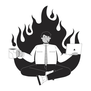 Stres yönetimi yumuşak beceri çizgisi çizimi konsepti. Profesyonel farkındalık. Sakin bir iş adamı, kahve fincanı ve dizüstü bilgisayarla çaprazlanmış, 2D karakter izole edilmiş. Mürekkep metafor vektör sanatı