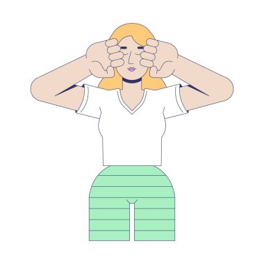 Kafkasyalı kadın sabah 2 boyutlu çizgi film karakteri olarak uyandıktan sonra gözlerini ovuşturuyor. Pijama çizgili pantolonlu sarışın kız ve beyaz tişörtlü yassı vektör beyaz üzerinde izole edilmiş. Benek illüstrasyonu renkli