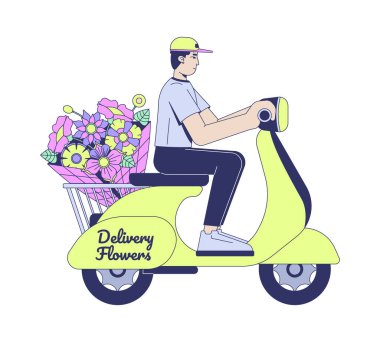 Buket teslimat kuryesi scooter 2D karikatür karakteri sürüyor. Çiçek servisi. Hızlı hediye, beyaz üzerinde izole edilmiş, motosiklet çiçeği taşıyan beyaz bir adam getirdi. Benek illüstrasyonu renkli