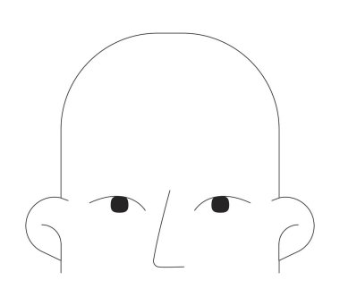 Minimalist kel kafa çizgisi 2B nesne çiziyor. Kulakları, burnu ve gözleri olan basit bir insan yüzü. Genel yüz çizimi izole edilmiş klipart vektör mürekkep ana hatları öğesi. Tek renkli nokta illüstrasyonu