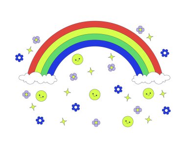 Gülen yüzlü, çiçekli ve 2B karikatür nesneli Y2K gökkuşağı. Mutluluk, çeşitlilik ve olumluluk. İyimser. Pozitif titreşimler, beyaz üzerine izole edilmiş düz vektör klipsi sanatı. Benek illüstrasyonu