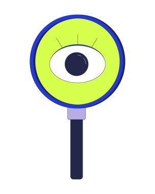 Göz sembolü 2D çizgi film nesnesi olan büyüteç. Loupe büyüteç görüş yeteneği var. Odaklanma büyüteci. Soruşturma aracı beyaz üzerine izole element düz vektör klipsleme sanatı. Benek illüstrasyonu