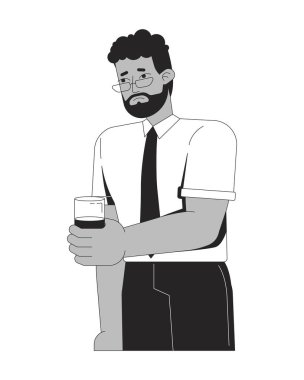 Üzgün siyah işadamı elinde bir bardak su 2D çizgi karakteri tutuyor. Sakallı Afro-Amerikan erkek ofis çalışanı su camı izole edilmiş vektör mürekkepli kişi. Monokromatik nokta çizimi