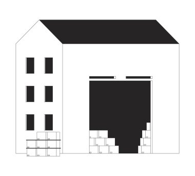 Depo binası karton kutular 2D çizgi nesnesi. Endüstriyel envanter, lojistik tesisi. Tedarik zinciri dağıtım merkezi izole edilmiş Clipart vektör mürekkep ana hatları öğesi. Tek renkli nokta illüstrasyonu