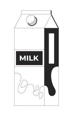 Süt kutusu paketi ve sıçrama tasarımı 2D çizgi nesnesi. Süt ürünleri, marka. Sağlıklı bir içki. Market eşyası. İçecek kutusu Clipart vektör mürekkep ana hatlarını izole etti. Tek renkli nokta illüstrasyonu