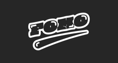 FOMO kısaltması siyah özet sosyal medya ifadesi. Jargonu kaybetme korkusu. Endişeli bir his. Psikoloji terimi. Yuvarlak baloncuklu harfler. Klasik sporlar, tipografi. Kullanılan yazı tipi