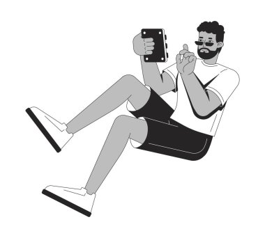 Zenci adam rahat poz vermek için 2D çizgi karakteri kullanıyor. Günlük kıyafetler ve güneş gözlüğü takan, izole edilmiş vektör mürekkebi ile etkileşim halinde olan Afro-Amerikalı bir adam. Monokromatik nokta çizimi