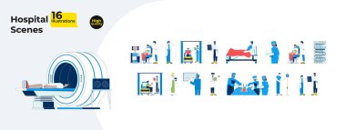 Tıbbi ve hastane sahneleri çizgi film düz çizimler mega demet. MRI, ameliyat, koğuş danışmanlığı. Farklı doktorlar, hemşireler, hastalar beyaza izole edilmiş 2D görüntüler. Koleksiyon vektörü çizimleri renkli