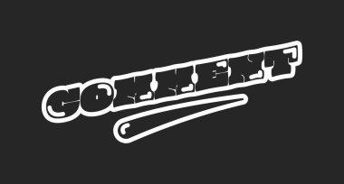 Comment retro black outline social media button. Share thoughts lingo. Feedback, opinion. Virtual communication. Rounded bubble letters with swoosh. Vintage sports, varsity typography. Oi font used
