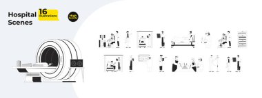 Tıbbi ve hastane sahneleri, büyük resimlerin ana hatlarını oluşturur. MRI, ameliyat, koğuş danışmanlığı. Çeşitli doktorlar, hemşireler, hastalar 2D doğrusal görüntüler izole edildi. Koleksiyon siyah ve beyaz vektör çizimleri