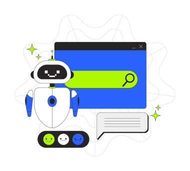 Yapay zeka ile güçlendirilmiş arama çubuğu 2D, evet illüstrasyon. Yapay zeka sohbet robotu. Makine öğrenme motoru teknolojisi çizgi film konsepti beyaza izole edildi. Düz soyut vektör benzetmesi