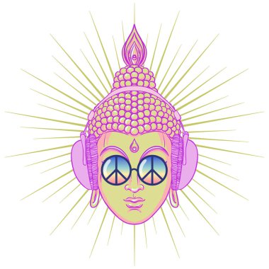Barış ve sevgi. Gökkuşağı gözlüklü renkli Buda kulaklıkla müzik dinliyor. Vektör çizimi. Güneş gözlüklü hippi barış işareti. Psikedelik konsept. Budizm, trans müzik. Esrarlı sanat