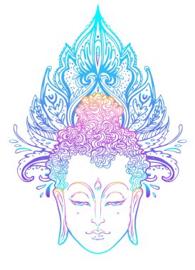 Buda 'nın yüzü mandala şeklinin üzerinde. Esrarengiz klasik vektör çizimi. Hint, Budizm, ruhani sanat. Hippi dövmesi, ruhanilik, Tayland tanrısı, yetişkinler için yoga zen boyama kitabı sayfaları.